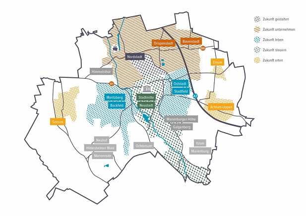 Es sind die Quartiere der Smart City Hildesheim Strategie zu sehen © Stadt Hildesheim